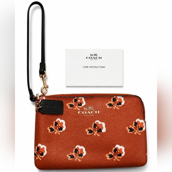 Coach Floral Print Wristlet Brown Pebbled Leather Zip Pouch w/ Strap